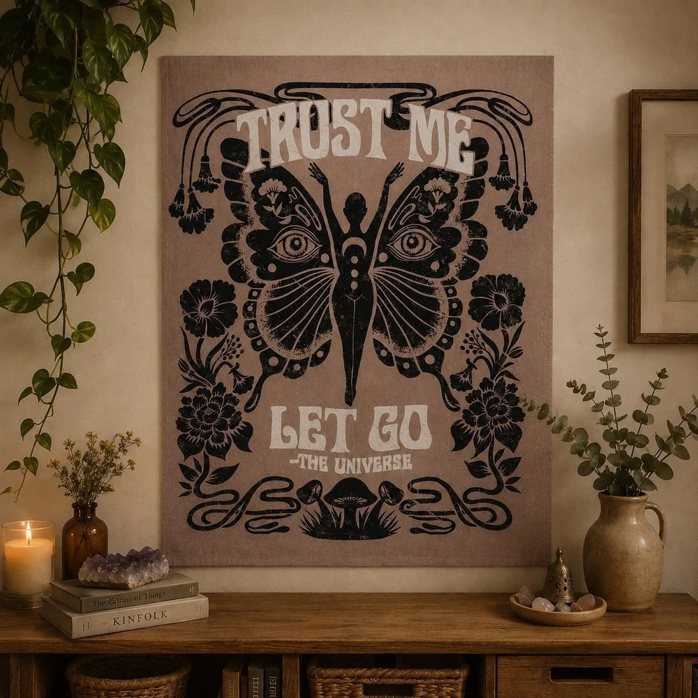 Boho Butterfly Wall Tapestry Trust Me Let Go The Universe Beige Black Spiritual